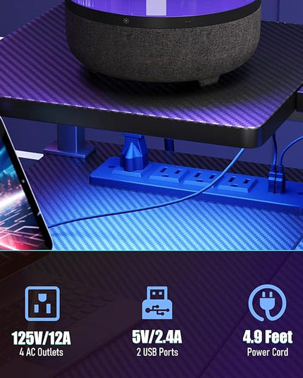 Gaming Desk with Power Outlets & Music Strip Lights, L-Shaped Desk with 2-Layer Storage on Both Sides, Large Monitor Stand for Office Home - LeafyLoom
