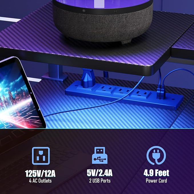 Gaming Desk with Power Outlets & Music Strip Lights, L-Shaped Desk with 2-Layer Storage on Both Sides, Large Monitor Stand for Office Home - LeafyLoom