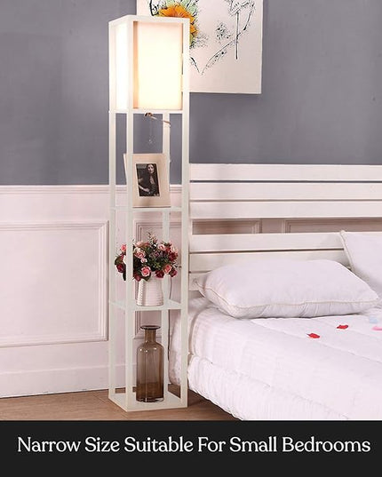 Brightech Maxwell - Modern Shelf Floor Lamp with Lamp Shade and LED Bulb - Corner Display Floor Lamps with Shelves for Living Room, Bedroom and Office - White - LeafyLoom