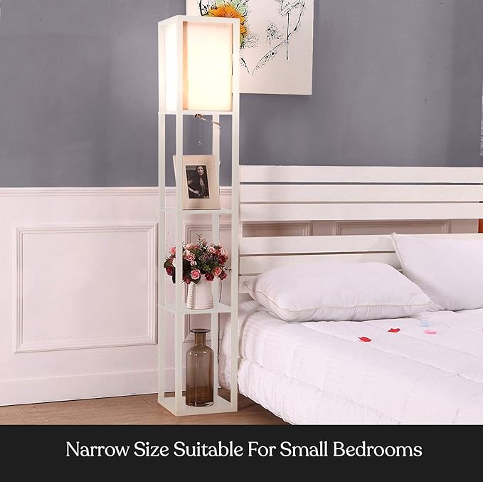 Brightech Maxwell - Modern Shelf Floor Lamp with Lamp Shade and LED Bulb - Corner Display Floor Lamps with Shelves for Living Room, Bedroom and Office - White - LeafyLoom