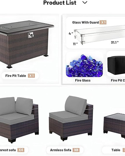 Kullavik 15PCS Outdoor Patio Furniture Set with 43" 55000BTU Gas Propane Fire Pit Table PE Wicker Rattan Sectional Sofa Patio Conversation Sets for Backyard,Grey Cushions - LeafyLoom