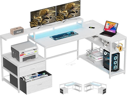 L Shaped Computer Desk with File Drawes,Gaming Desk with Led Lights & Power Outlets, Reversible Office Desk with Shelves White - LeafyLoom