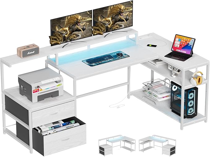 L Shaped Computer Desk with File Drawes,Gaming Desk with Led Lights & Power Outlets, Reversible Office Desk with Shelves White - LeafyLoom