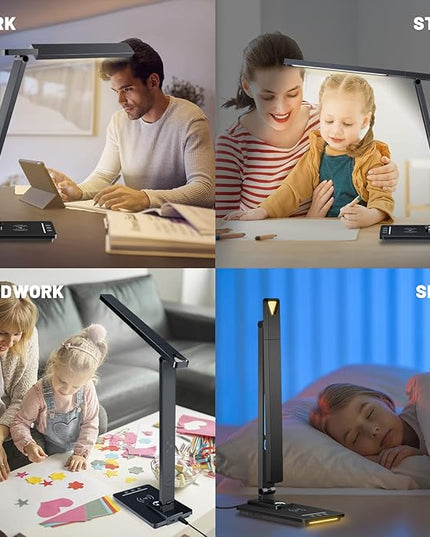 Led Desk Lamp with Wireless Charger, Desk Lamps for Home Office with Clock, Alarm, Date, Temperature | Desk Light with Night Light, 45 Min Auto Timer | Touch Control Smart Lamp for College, Dorm - LeafyLoom