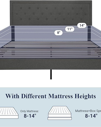 Allewie King Size Platform Bed Frame/Fabric Upholstered Bed Frame with Diamond Button Tufted Headboard/Adjustable Headboard/Wood Slat Support/Mattress Foundation/Dark Grey (King) - LeafyLoom