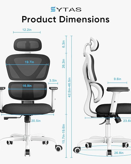 Sytas Ergonomic Office Chair, High Back Mesh Desk Chair with Lumbar Support and Adjustable Headrest, Executive Swivel Computer Chair for Home Office, Tilt Function, White - LeafyLoom