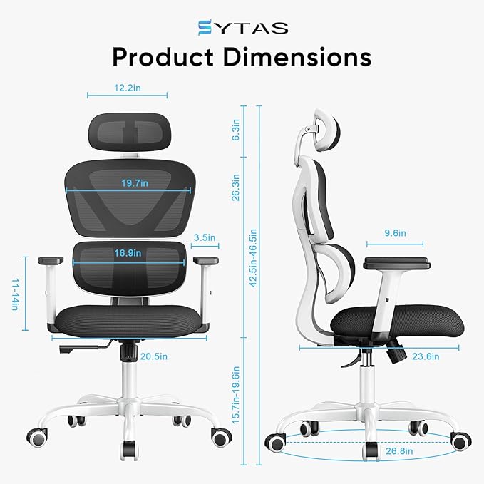 Sytas Ergonomic Office Chair, High Back Mesh Desk Chair with Lumbar Support and Adjustable Headrest, Executive Swivel Computer Chair for Home Office, Tilt Function, White - LeafyLoom