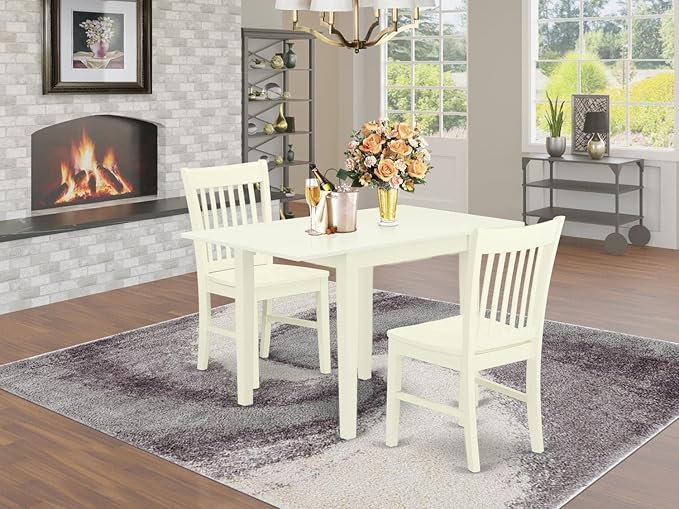 East West Furniture NDNO3-LWH-W Norden 3 Piece Room Set Contains a Rectangle Kitchen Table with Dropleaf and 2 Dining Chairs, 30x48 Inch, Linen White - LeafyLoom