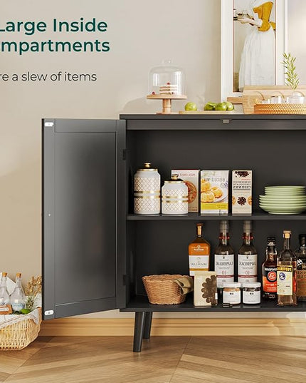 Buffet Cabinet with Storage, Storage Cabinet with Synthetic Rattan Decor Doors, Accent Cabinet with Solid Wood Feet, Sideboard Cabinet for Hallway, Entry, Living Room, Black - LeafyLoom