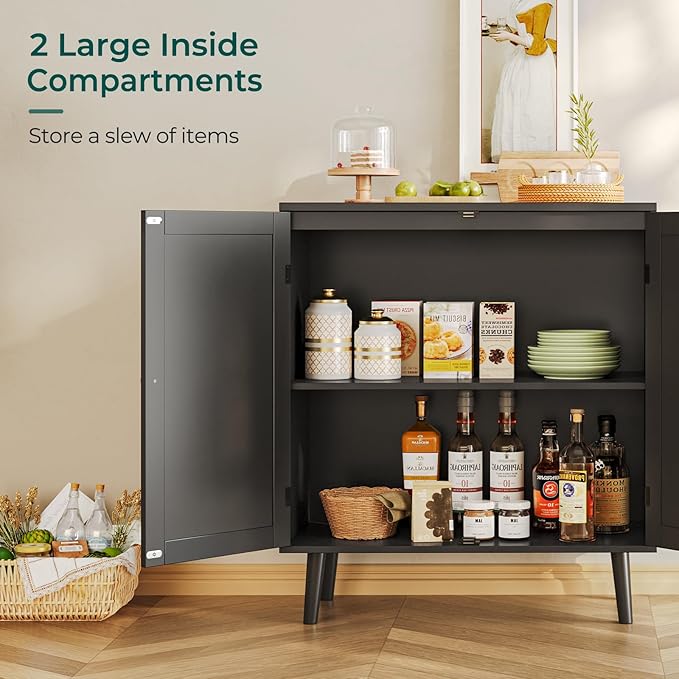 Buffet Cabinet with Storage, Storage Cabinet with Synthetic Rattan Decor Doors, Accent Cabinet with Solid Wood Feet, Sideboard Cabinet for Hallway, Entry, Living Room, Black - LeafyLoom