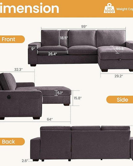 COHOME 100" L-Shaped Couch with Storage, Chenille Upholstered Deep Seat Couch for Living Room, Sofa with Reversible Chaise, Removable Covers, 3-Seater Apartment Sofa with Charge Ports,Dark Grey - LeafyLoom