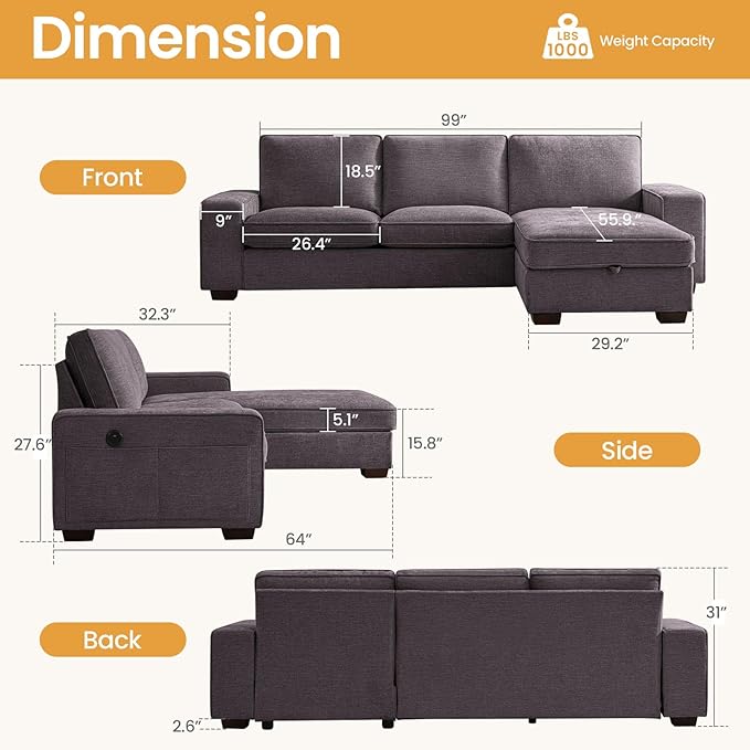 COHOME 100" L-Shaped Couch with Storage, Chenille Upholstered Deep Seat Couch for Living Room, Sofa with Reversible Chaise, Removable Covers, 3-Seater Apartment Sofa with Charge Ports,Dark Grey - LeafyLoom