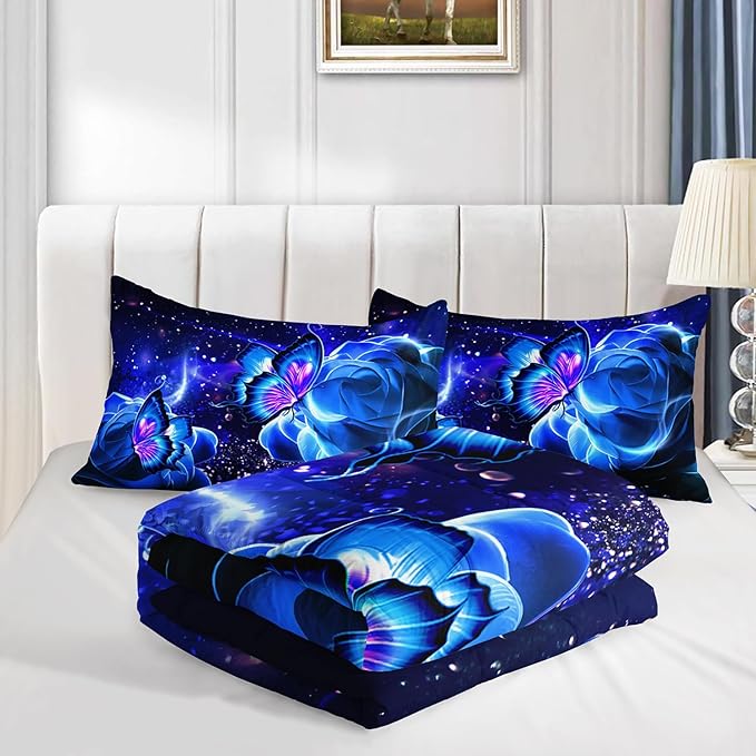 Galaxy Butterfly Comforter Set Full Size for Girls Kids Adults Butterfly Rose Bedding Set Aesthetics Butterflies Quilt Bed Set with 1 Comforter and 2 Pillowcases - LeafyLoom