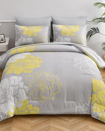 Floral Comforter Set Queen 7 Piece Bed in a Bag Yellow Floral Comforter with Sheet Set Soft Micorfiber Reversible Bedding Set (1 Comforter,2 Pillow Shams,1 Flat Sheet,1 Fitted Sheet,2 Pillowcases) - LeafyLoom