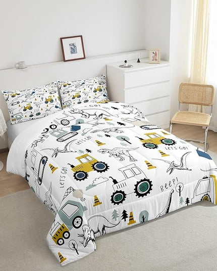Construction Comforter Set Full Size Kids Cartoon Car Excavator Tractor Toddler Comforter Equipment Trucks Dinosaur Comforter Set Construction Vehicles White Yellow Duvet Set Quilt Set - LeafyLoom
