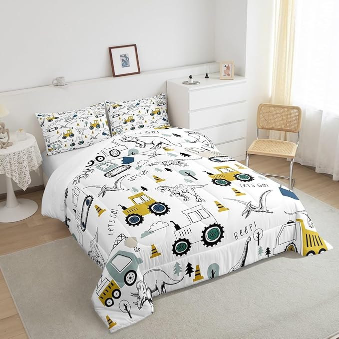 Construction Comforter Set Full Size Kids Cartoon Car Excavator Tractor Toddler Comforter Equipment Trucks Dinosaur Comforter Set Construction Vehicles White Yellow Duvet Set Quilt Set - LeafyLoom