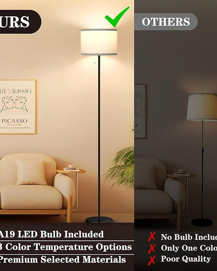 Floor Lamp for Living Room, 3 Color Temperature LED Floor Lamp, Modern Simple Standing Lamp for Bedroom, Pull Chain Tall Lamp with White Lampshade, Minimalist Pole Lamp Stand Up Lamp for Home Office - LeafyLoom