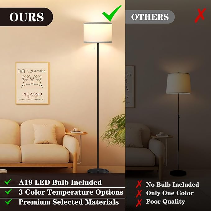 Floor Lamp for Living Room, 3 Color Temperature LED Floor Lamp, Modern Simple Standing Lamp for Bedroom, Pull Chain Tall Lamp with White Lampshade, Minimalist Pole Lamp Stand Up Lamp for Home Office - LeafyLoom