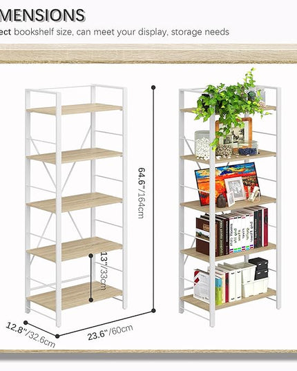 4NM Bookshelf Industrial Bookcase 5 Tier Home Office Adjustable Bookshelves Storage Shelves Organizer Vintage Book shelf Display Rack for Living Room, Bedroom,Home - Natural - LeafyLoom