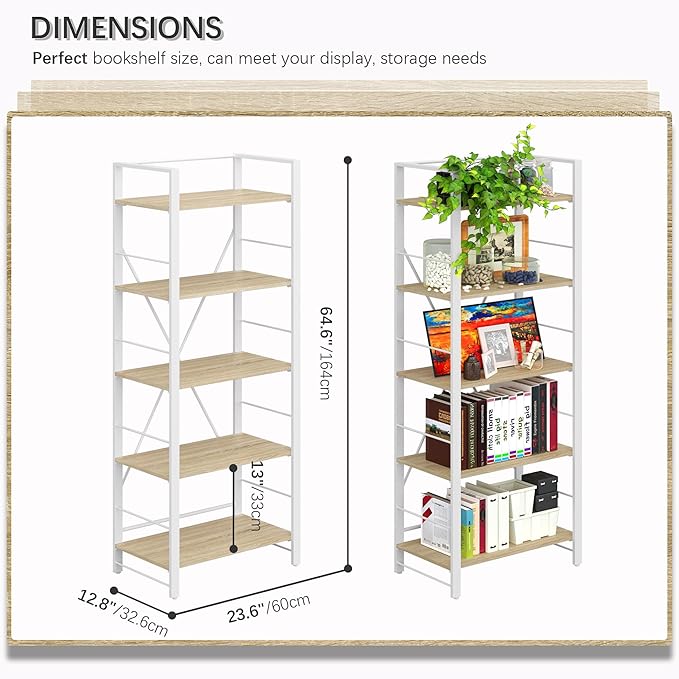 4NM Bookshelf Industrial Bookcase 5 Tier Home Office Adjustable Bookshelves Storage Shelves Organizer Vintage Book shelf Display Rack for Living Room, Bedroom,Home - Natural - LeafyLoom