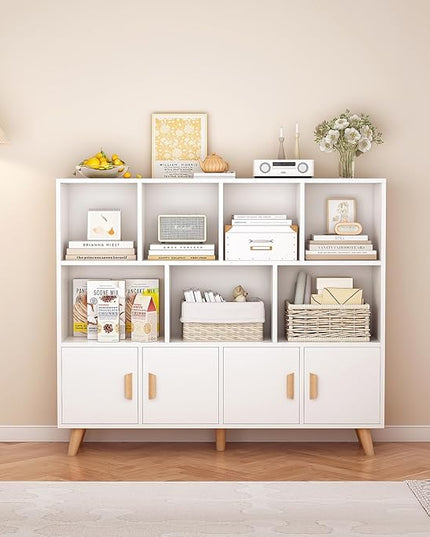 Cubby Shelf Bookcase with Doors - Wooden 11 Cube Floor Standing Open Bookshelf with Solid Wood Legs, 3-Tier Storage Cabinet, Warm White - LeafyLoom