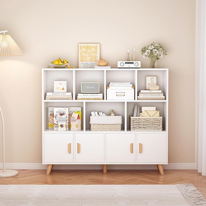 Cubby Shelf Bookcase with Doors - Wooden 11 Cube Floor Standing Open Bookshelf with Solid Wood Legs, 3-Tier Storage Cabinet, Warm White - LeafyLoom
