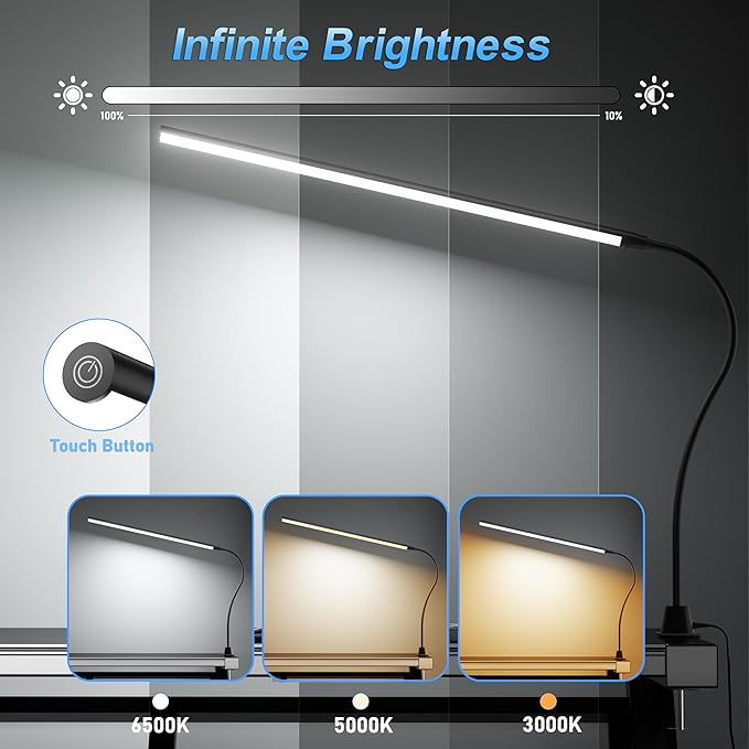 LED Clip on Light/Reading Light, 20" Ultra-Long Chips Bright Desk Lamp, 10%-100% Stepless Dimming & 3 Color Modes Office Lamp with 360° Gooseneck Memory Function Clamp Light for Working - LeafyLoom