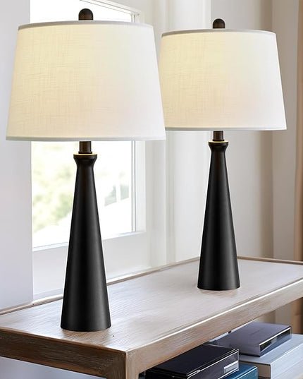 Oneach 25.75" Table Lamps Set of 2 for Living Room Bedroom, Bedside Lamp 3-Way Dimmable Touch Control, Modern Black Nightstand Light Fabric Shade Vintage Accent Style - LeafyLoom