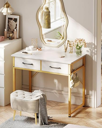 ODK Vanity Desk without Mirror, Makeup Vanity with 2 Fabirc Drawers, White Vanity Dressing Vanity Table with Versatile Hook, 32 Inch Small Vanity for Bedroom, Desk Make Up for Girls, White and Gold - LeafyLoom