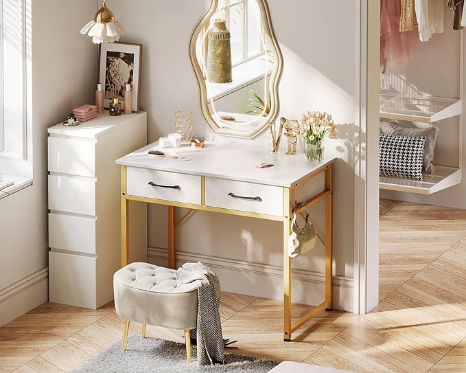ODK Vanity Desk without Mirror, Makeup Vanity with 2 Fabirc Drawers, White Vanity Dressing Vanity Table with Versatile Hook, 32 Inch Small Vanity for Bedroom, Desk Make Up for Girls, White and Gold - LeafyLoom