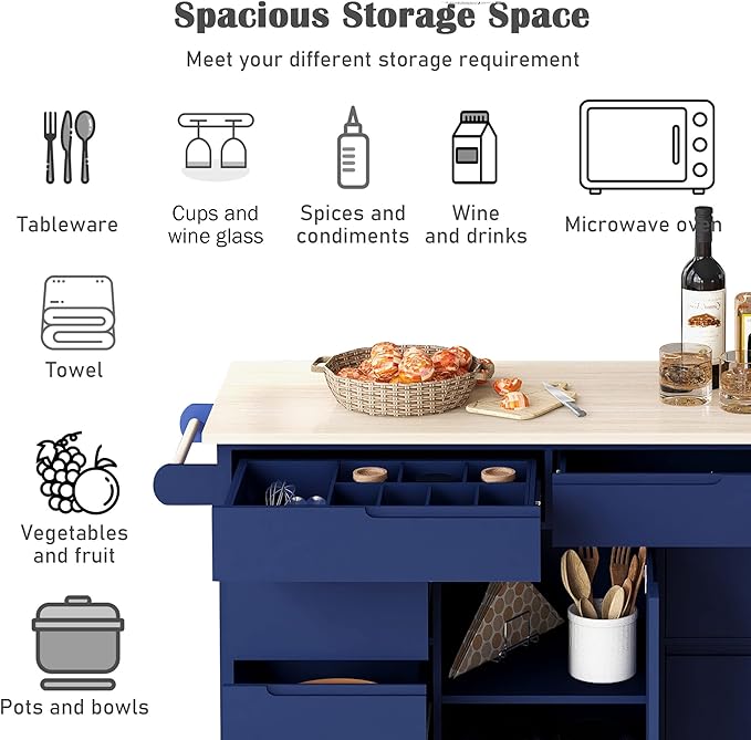 Mobile Cart with Rubber Wood Countertop, Kitchen Island on Lockable Wheels w/Drawer and Storage Cabinet for Dining Room, Bar, Dark Blue, 53.15 Inch - LeafyLoom