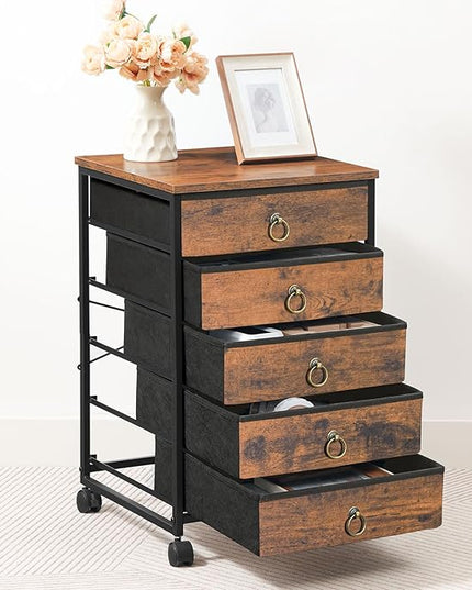 HOOBRO 5-Drawer Chest, File Cabinet, Office Cabinet with Drawers, Rolling Printer Stand, Filing Cabinet for Living Room, Home Office, Nonwovens Drawer, Easy Assembly, Rustic Brown BF50WJ01 - LeafyLoom