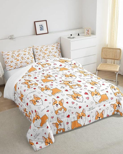 Feelyou Kids Kawaii Corgi Comforter Set Toddler Cute Dog All Season Down Comforter Boys Girls Cartoon Puppy Dog Bedding Set Lovely Animal Quilt Set Room Decor 2Pcs with 1 Pillow Case Twin Size - LeafyLoom