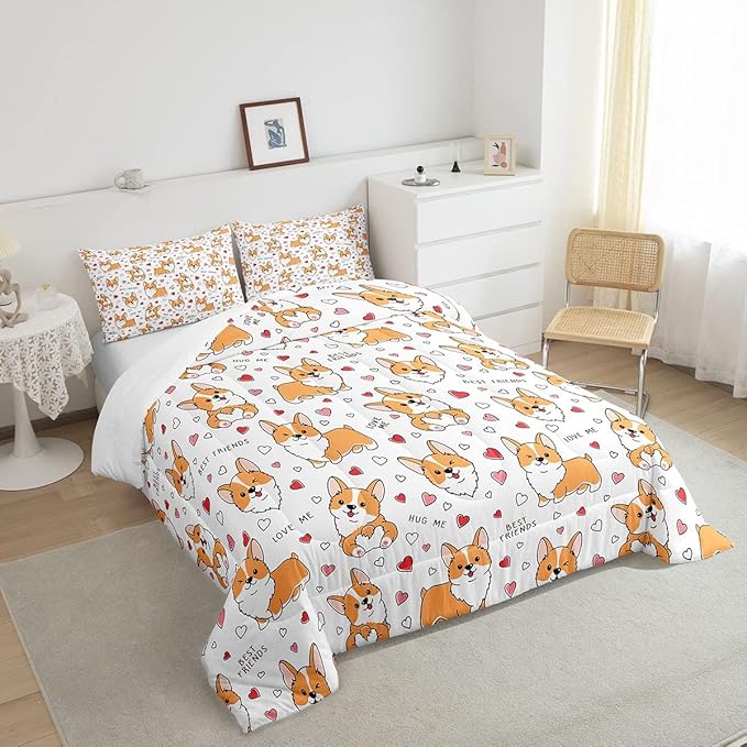 Feelyou Kids Kawaii Corgi Comforter Set Toddler Cute Dog All Season Down Comforter Boys Girls Cartoon Puppy Dog Bedding Set Lovely Animal Quilt Set Room Decor 2Pcs with 1 Pillow Case Twin Size - LeafyLoom