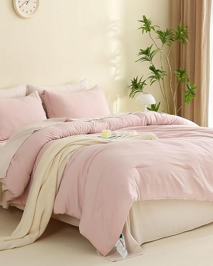 MILDLY Queen Comforter Set 7 Piece Color Clash, Pink Bed in a Bag, All Season Bedding Sets with 1 Comforter, 2 Pillow Shams, 2 Pillowcases, 1 Flat Sheet, 1 Fitted Sheet - LeafyLoom