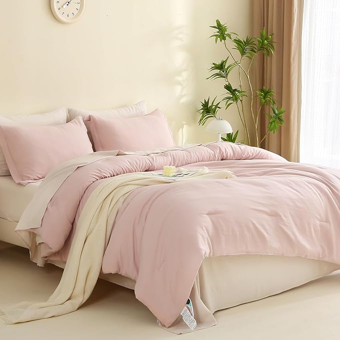 MILDLY Queen Comforter Set 7 Piece Color Clash, Pink Bed in a Bag, All Season Bedding Sets with 1 Comforter, 2 Pillow Shams, 2 Pillowcases, 1 Flat Sheet, 1 Fitted Sheet - LeafyLoom
