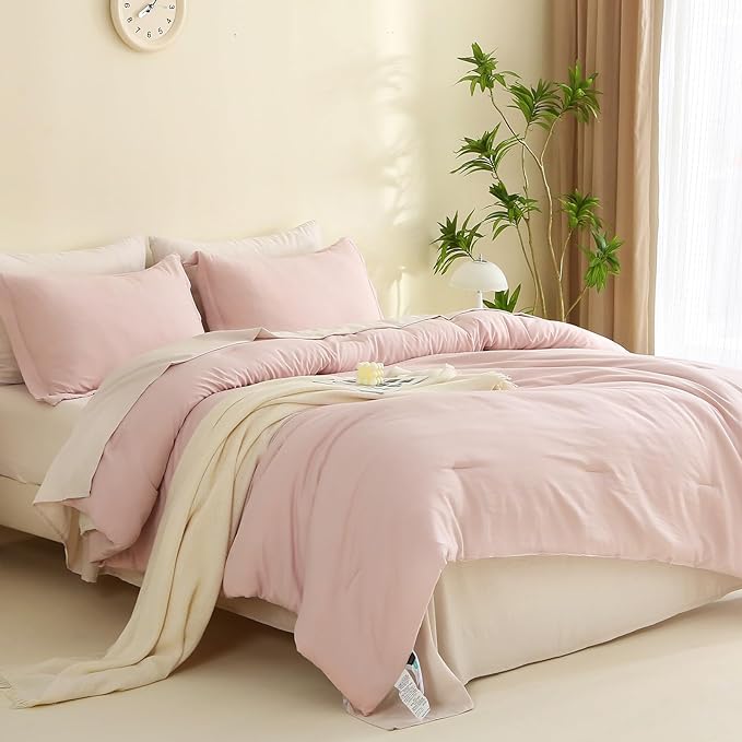 MILDLY Twin Comforter Set 5 Piece Color Clash, Pink Bed in a Bag, All Season Bedding Sets with 1 Comforter, 1 Pillow Shams, 1 Pillowcases, 1 Flat Sheet, 1 Fitted Sheet - LeafyLoom