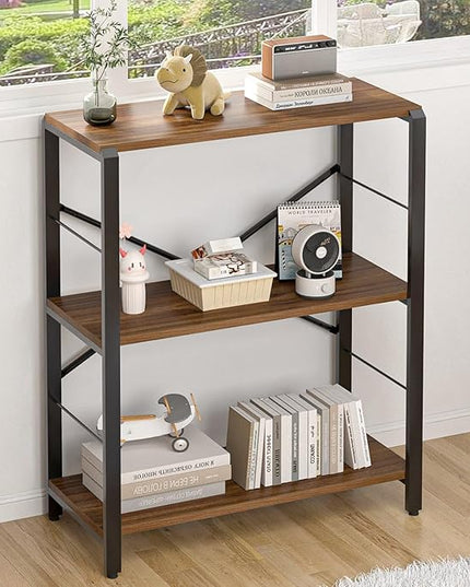 FOLUBAN Small Bookshelf, 3 Tier Rustic Book Shelf with Storage, Industrial Low Short Bookcases for Office, Bedroom and Living Room, Rustic Walnut - LeafyLoom