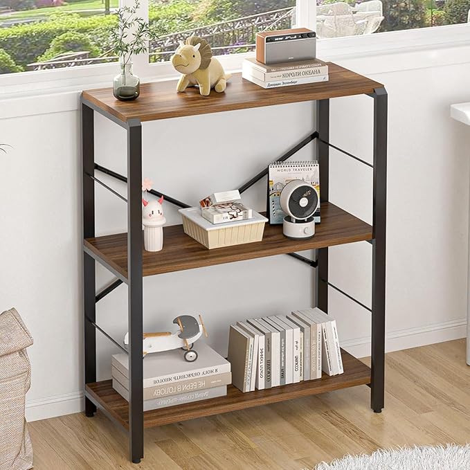 FOLUBAN Small Bookshelf, 3 Tier Rustic Book Shelf with Storage, Industrial Low Short Bookcases for Office, Bedroom and Living Room, Rustic Walnut - LeafyLoom