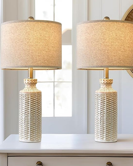 24.75'' Farmhouse Ceramic Table Lamp Set of 2 for Bedroom Living Room Vintage Traditional Rustic Modern White Nightstand Bedside Lamps - LeafyLoom