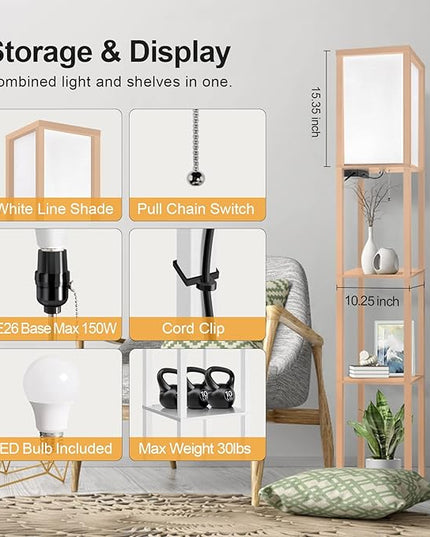 OUTON Floor Lamp with Shelves, LED Shelf Floor Lamp with 1 USB & 1 Type C Ports, 1 AC Outlet, 3 Color Temperature, Storage Display Wood Column Tall Standing Lamp for Living Room, Bedroom Office, Wood - LeafyLoom