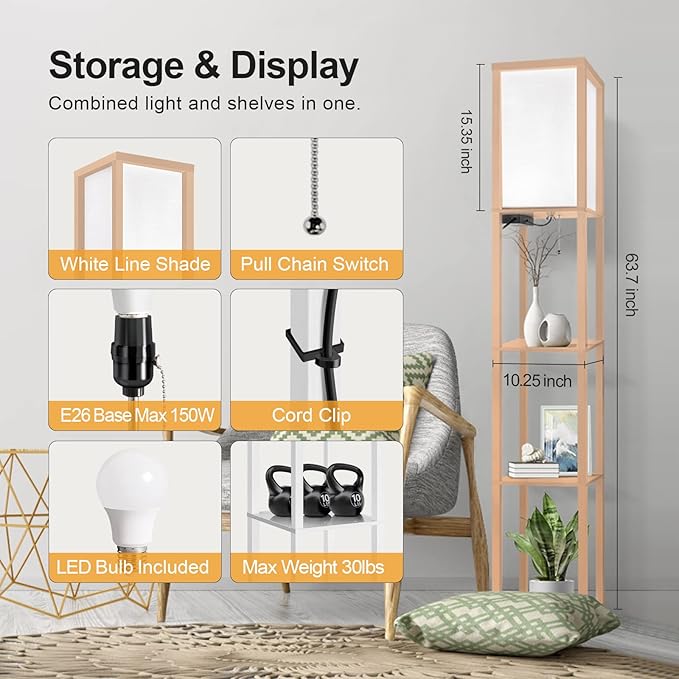 OUTON Floor Lamp with Shelves, LED Shelf Floor Lamp with 1 USB & 1 Type C Ports, 1 AC Outlet, 3 Color Temperature, Storage Display Wood Column Tall Standing Lamp for Living Room, Bedroom Office, Wood - LeafyLoom