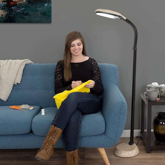 Floor Lamp - Full Spectrum Natural Sunlight Lamp with Bendable Neck - Reading, Craft, and Esthetician Light by Bedford Home (Light Woodgrain) - LeafyLoom