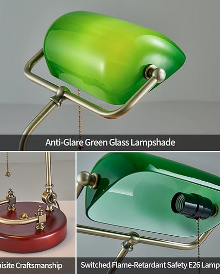 Green Bankers Desk lamp for Home Office Vintage Desk Retro lamp Workplace Lighting Piano Light Bedside lamp Pull Rope Switch，Glass lampshade，UL Certified lamp Holder, Wire - LeafyLoom