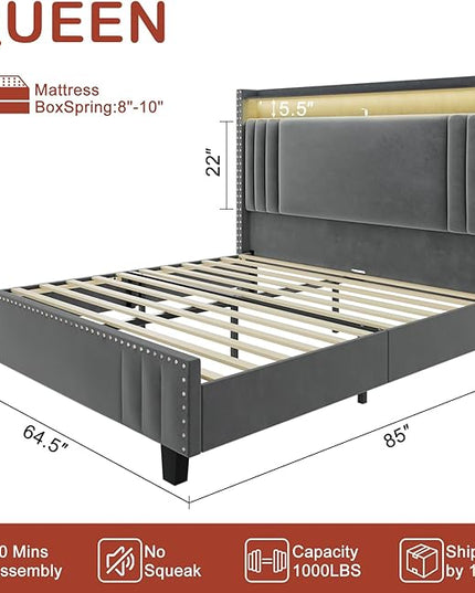 Queen Bed Frame withTall Headboard & LED Light,Velvet Upholstered Wingback Storage Headboard with Charging Station,Tufted Platform Bed Frame,No Box Spring Needed Dark Grey - LeafyLoom