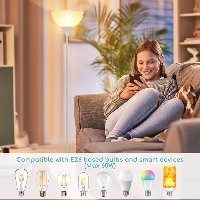 Floor Lamp, LED Standing Lamps with White Plastic Shade, White Modern Torchiere Floor Lamp, Tall Lamps for Living Room Dorm Bedroom, Rotary Switch, E26 Base, Bulb not Included, White - LeafyLoom
