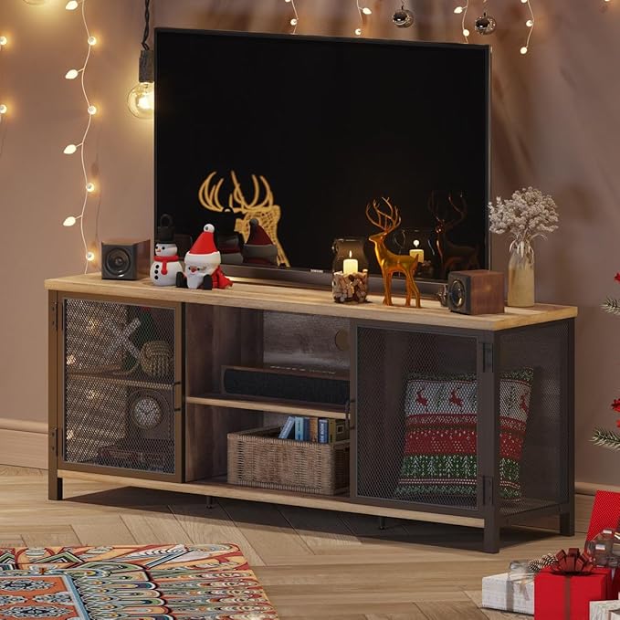 FATORRI Industrial Entertainment Center for TVs up to 65 Inch, Rustic Wood TV Stand, Large TV Console and TV Cabinet for Living Room (60 Inch Wide, Rustic Oak) - LeafyLoom