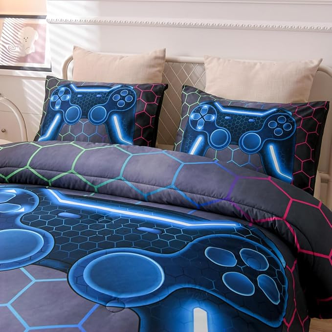 NTBED Game Console Comforter Set for Boys Girls Kids 3D Gaming Geometric Lightweight Microfiber Bedding Sets (Multi, Queen) - LeafyLoom