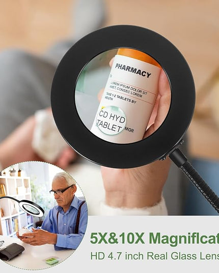 10X&5X Magnifying Glass with Light, 3-in-1 Magnifying Floor Lamp, Flexible Goose Neck, 3 Color Modes 10 Levels Dimmable LED Lighted Magnifier Lamp for Home Office Close Wrok Reading Hands Free - LeafyLoom