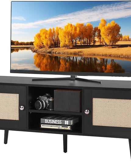 VEVOR Rattan TV Stand, Boho TV Cabinet for 55 inch TV, Mid Century Modern TV Stand, Rattan TV Console with Adjustable Shelfs for Living Room, Media Room, Black - LeafyLoom